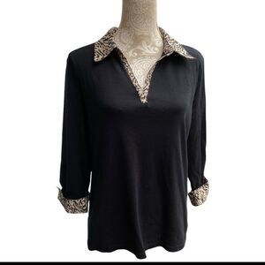 Rebecca Malone size XL black animal print cotton top blouse 3/4 sleeves mob wife